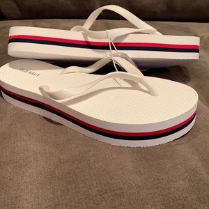 NEVER WORN, red, white and blue platform flip flops!